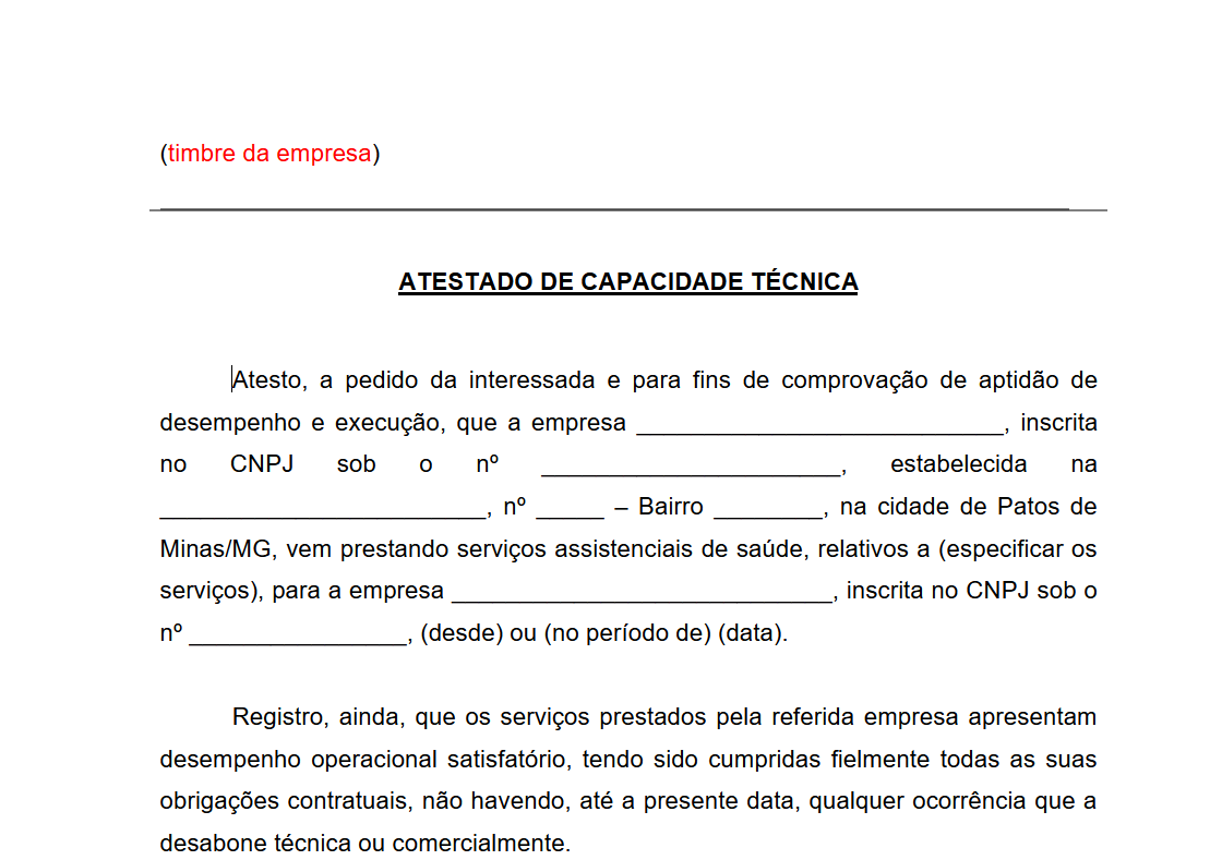 Modelo de Atestado de Capacidade Técnica