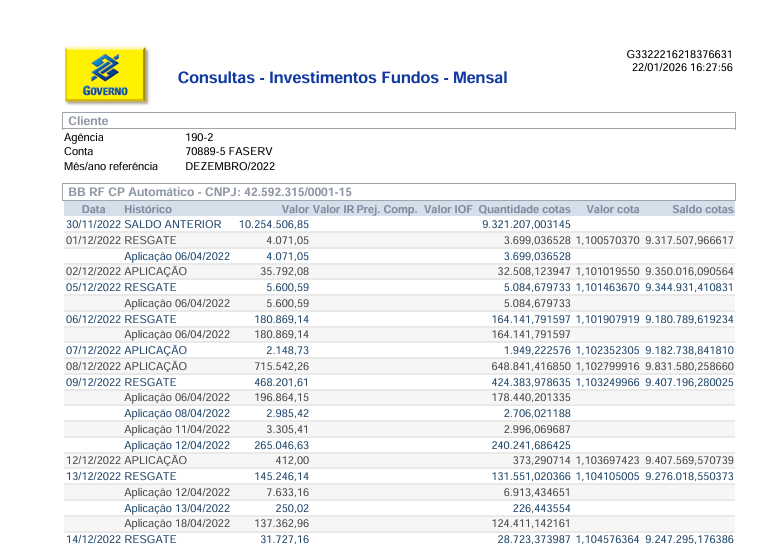 Capa Relação de Rendimentos Bancarios